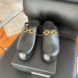 Saint Laurent Black Mules with Gold Chain